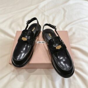 Women's Miu Miu Black Leather Loafer Mules Buckle Detail Size 37 New in Box